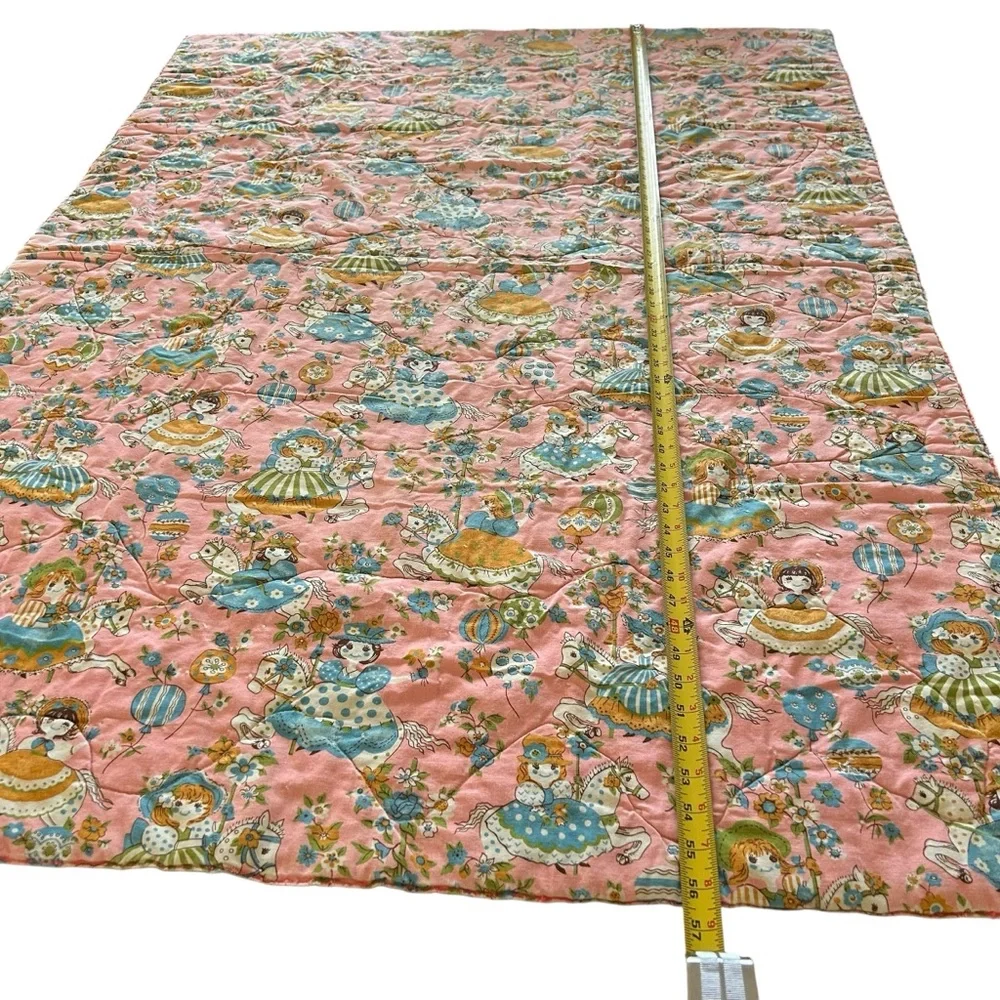 Vintage 1960's Mid Century Girl's Pink girl on carousel baby blanket 40” x 56”